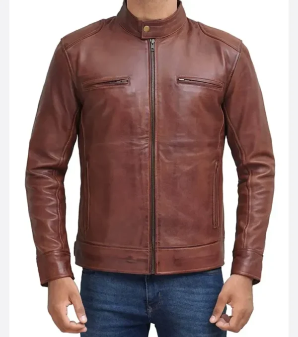 Men Brown Cafe Racer Leather Jacket Front