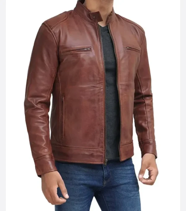 Men Brown Cafe Racer Leather Jacket Side Look