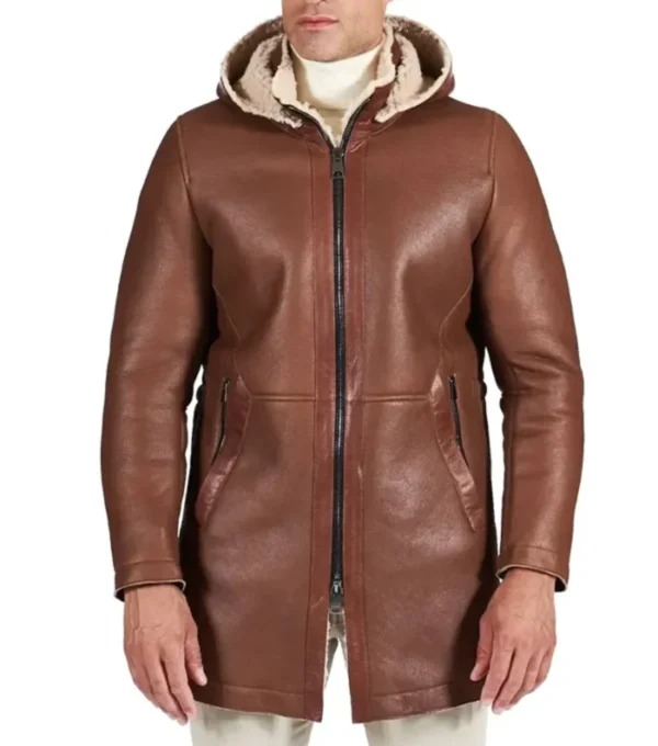 Men Brown Leather Coat with Hood