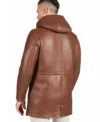 Men Brown Leather Coat with Hood Back