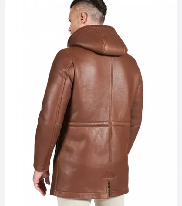 Men Brown Leather Coat with Hood Back