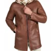 Men Brown Leather Coat with Hood Front
