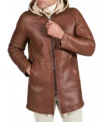 Men Brown Leather Coat with Hood Front