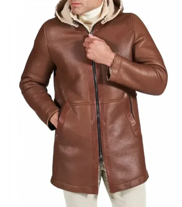 Men Brown Leather Coat with Hood Front