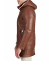 Men Brown Leather Coat with Hood Side Look