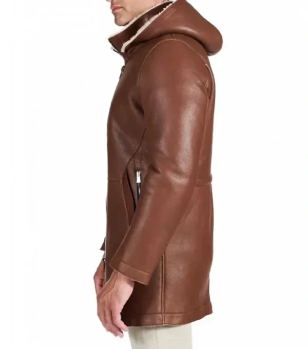 Men Brown Leather Coat with Hood Side Look