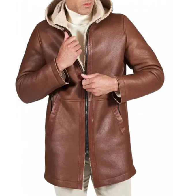 Men Brown Leather Coat with Hood on Sale