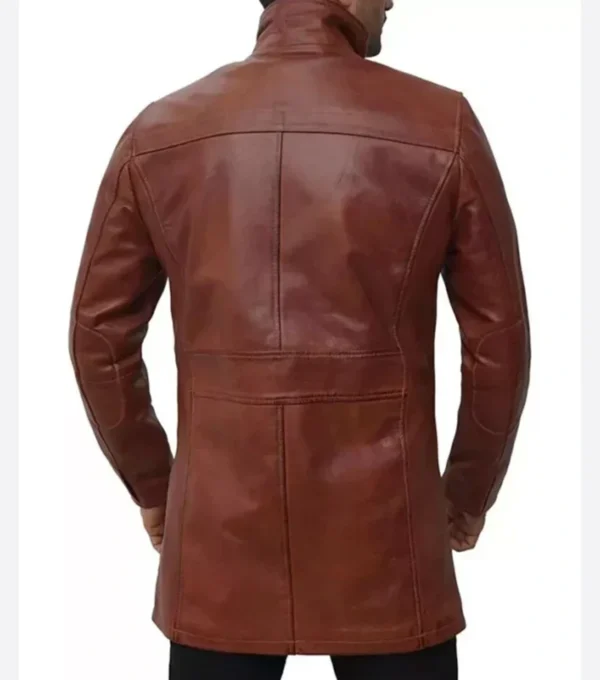 Men Brown Long Leather Coat Back