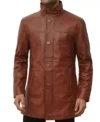 Men Brown Long Leather Coat Front