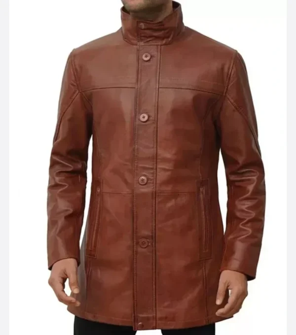 Men Brown Long Leather Coat Front