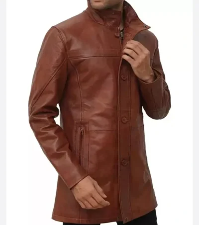 Men Brown Long Leather Coat on Sale