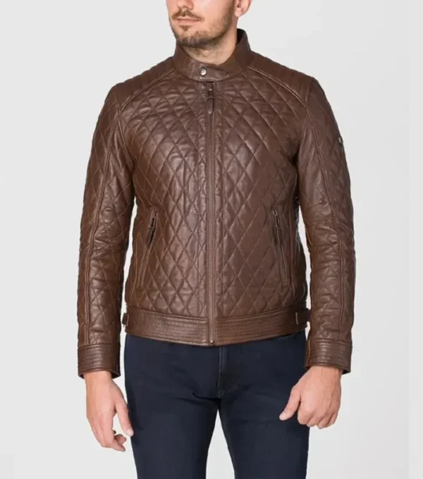 Men Brown Quilted Leather Jacket