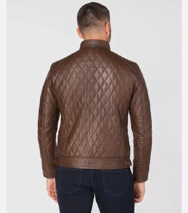 Men Brown Quilted Leather Jacket Back