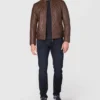 Men Brown Quilted Leather Jacket Front