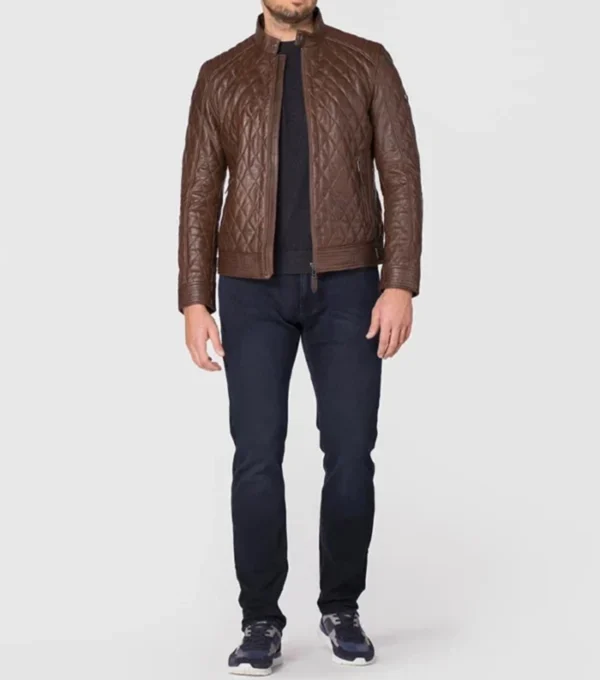 Men Brown Quilted Leather Jacket Front