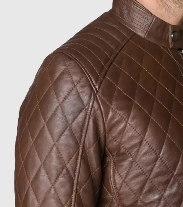 Men Brown Quilted Leather Jacket Side Look