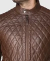 Men Brown Quilted Leather Jacket on Sale