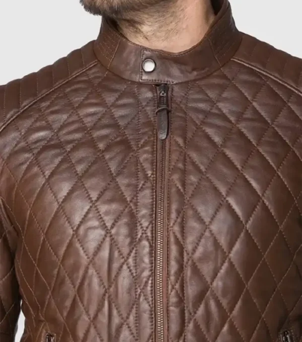 Men Brown Quilted Leather Jacket on Sale
