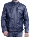 Men Dark Blue Racer Style Leather Jacket