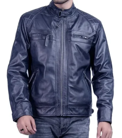Men Dark Blue Racer Style Leather Jacket