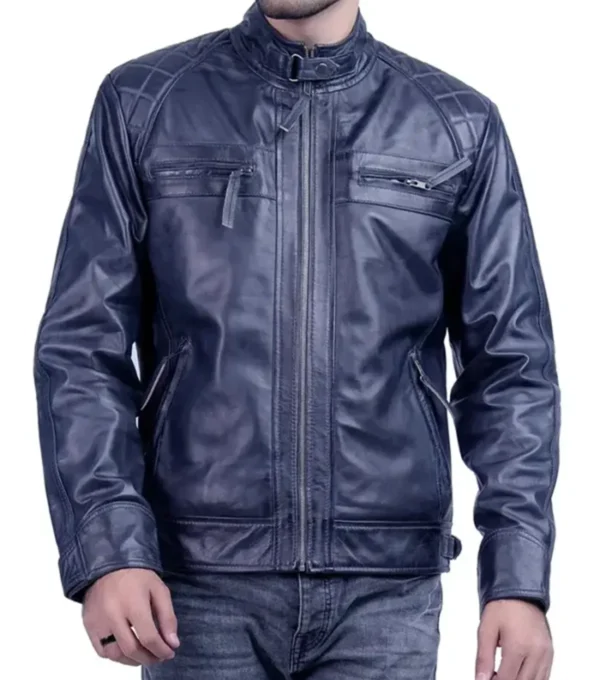 Men Dark Blue Racer Style Leather Jacket