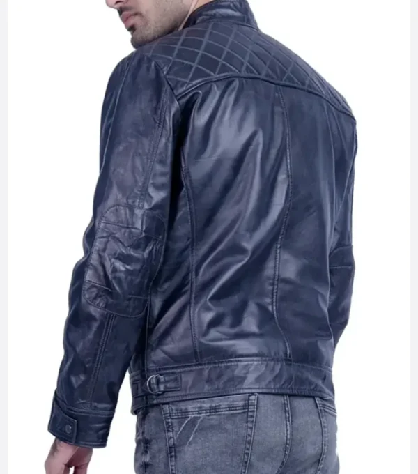 Men Dark Blue Racer Style Leather Jacket Back