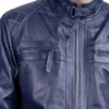 Men Dark Blue Racer Style Leather Jacket Closer
