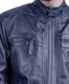 Men Dark Blue Racer Style Leather Jacket Closer