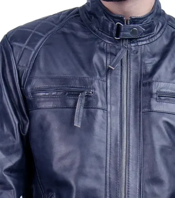 Men Dark Blue Racer Style Leather Jacket Closer