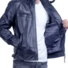 Men Dark Blue Racer Style Leather Jacket Pocket