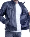 Men Dark Blue Racer Style Leather Jacket Pocket