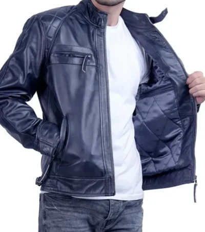 Men Dark Blue Racer Style Leather Jacket Pocket