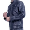 Men Dark Blue Racer Style Leather Jacket Side Look
