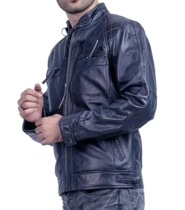 Men Dark Blue Racer Style Leather Jacket Side Look