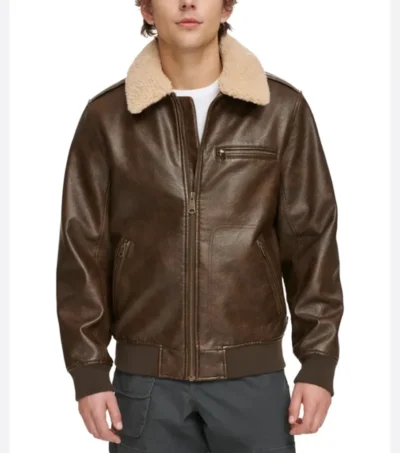 Men Dark Brown Leather Bomber Jacket