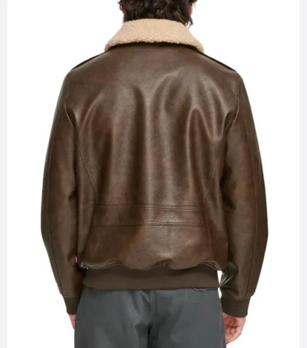 Men Dark Brown Leather Bomber Jacket Back