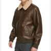Men Dark Brown Leather Bomber Jacket Side Look
