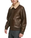 Men Dark Brown Leather Bomber Jacket Side Look