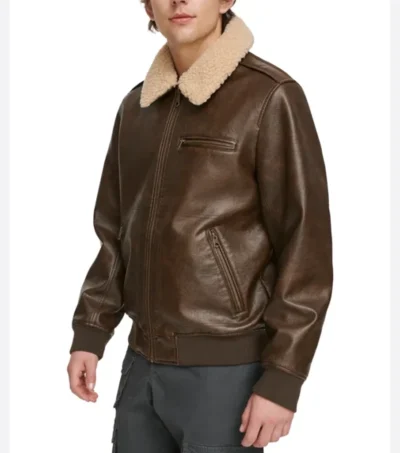 Men Dark Brown Leather Bomber Jacket Side Look
