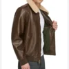 Men Dark Brown Leather Bomber Jacket on Sale