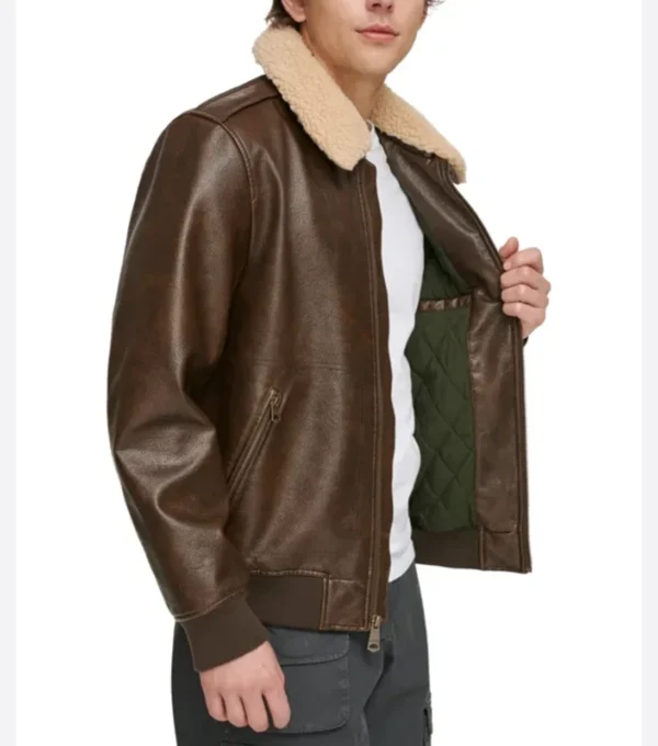 Men Dark Brown Leather Bomber Jacket on Sale