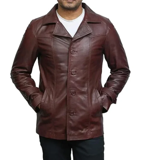 Men Maroon Long Leather Jacket