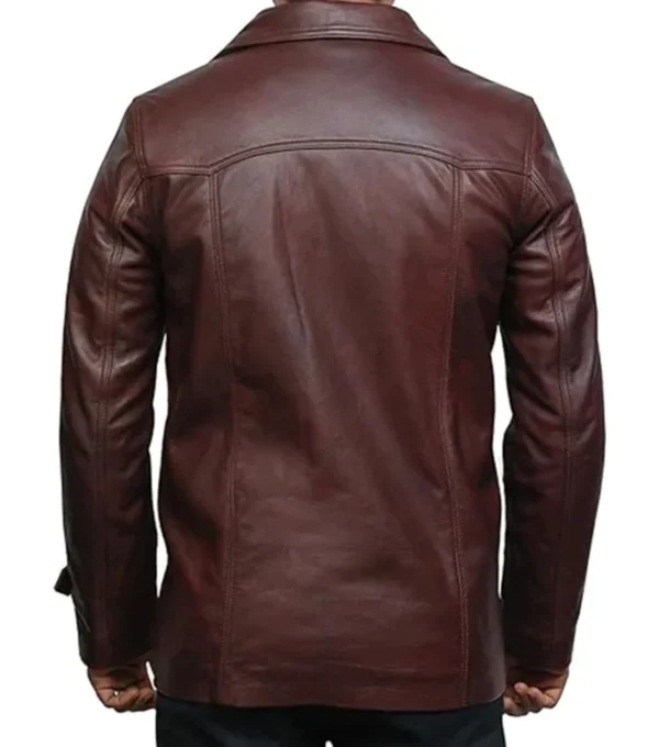 Men Maroon Long Leather Jacket Back
