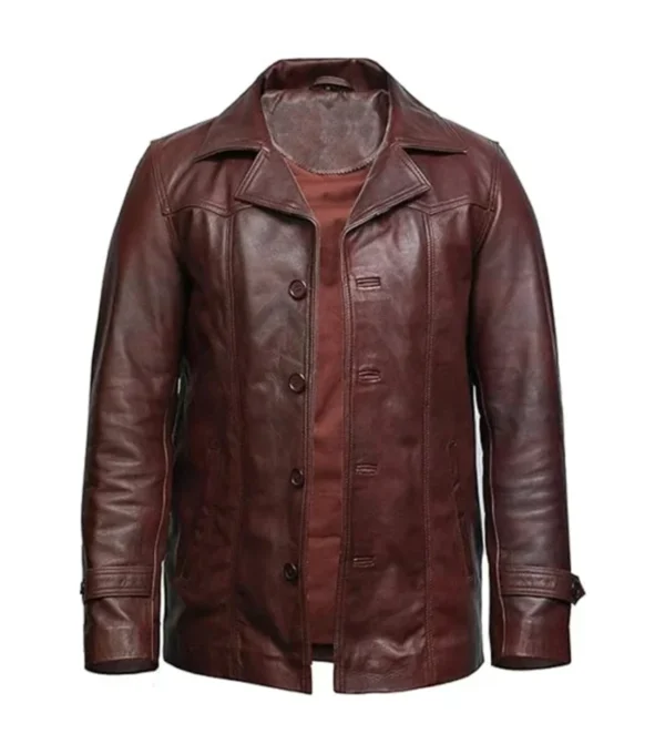 Men Maroon Long Leather Jacket Front