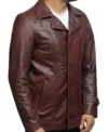 Men Maroon Long Leather Jacket Side Look