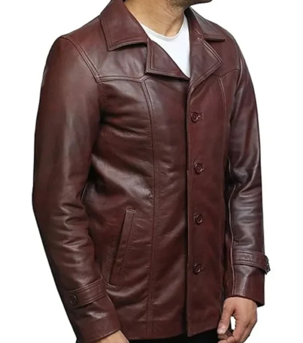 Men Maroon Long Leather Jacket Side Look