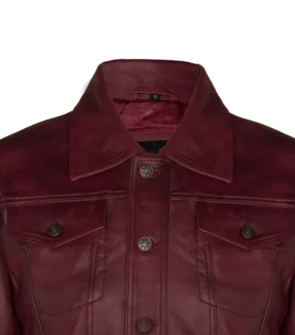 Men Maroon Trucker Leather Jacket Front Look