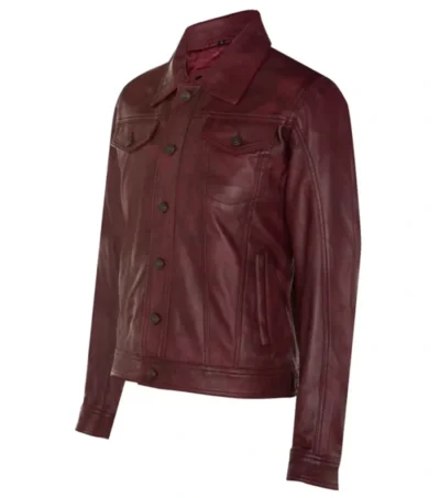Men Maroon Trucker Leather Jacket Side Look
