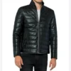 Men Puffer Style Black Leather Jacket