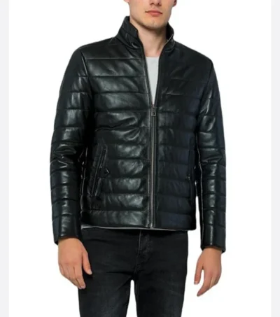 Men Puffer Style Black Leather Jacket